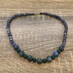 Sterling Silver Sodalite & Malachite Graduated Gemstone Beaded Necklace 19" Long